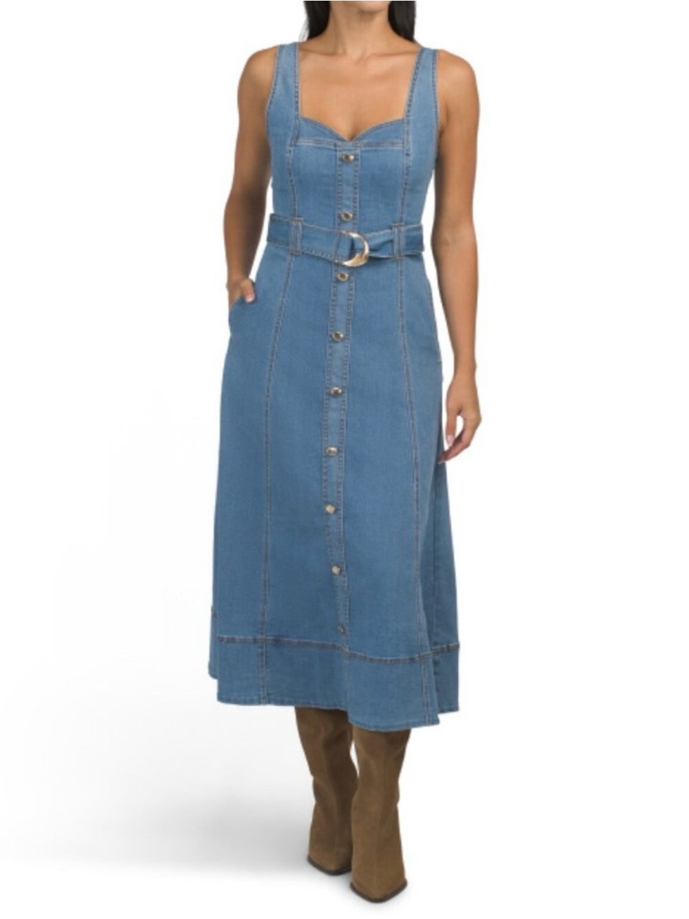 House of Harlow 1960 Midi Sleeveless Gold Button Belted Sweetheart Denim Dress